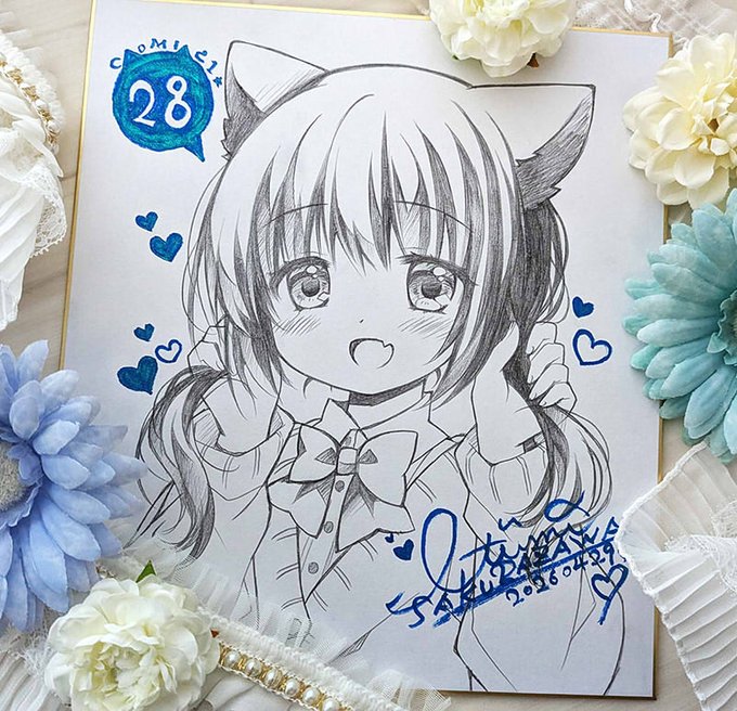 コミック1準備会アンケート用色紙にオリジナル猫耳っ子を描きました!モノクロ色紙ですが宜しければ応募して頂けると嬉しいです～っ(準備会のアンケートに答えて応募すると抽選で当たると思われます…準備会に飾ってあると思われます!)(ふわふわ情報)