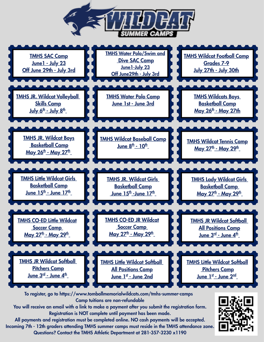Don't miss the opportunity to learn from and with our Wildcats this summer!  Check out all the incredible TMHS Athletics Summer Camps!  #BECATS tomballmemorialwildcats.com/tmhs-summer-ca…