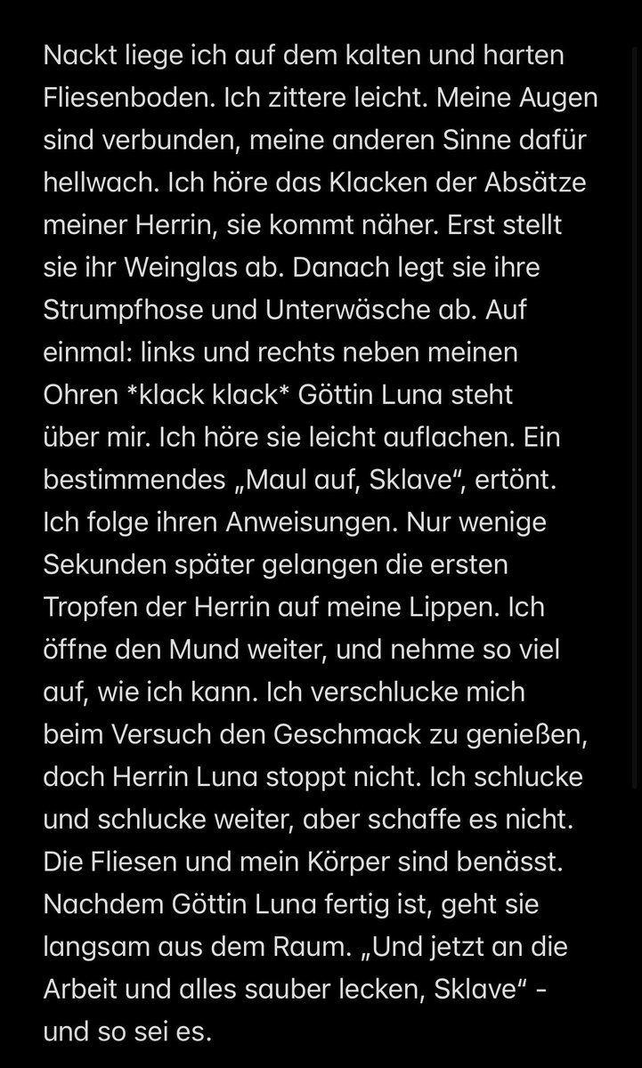 Ich durfte eine neue Erfahrung mit meiner Herrin <a href="/GoddessLuna26/">GODDE$ LUNA 🔱</a> sammeln. Ich habe eine Golden Shower von ihr bekommen dürfen
