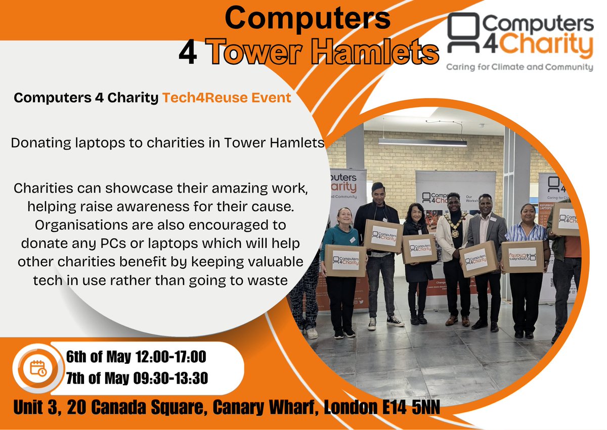 Comp4Charity_UK's tweet image. It's our Tower Hamlets Tech 4 Reuse Event soon!  

Do you have unwanted IT equipment / mobile phones sitting at home?  

Visit us on the 6th &amp;amp; 7th of May 2026!  Free data wiping for all donated devices.  

#camden #donation #recycling #charity #londoneuston #london