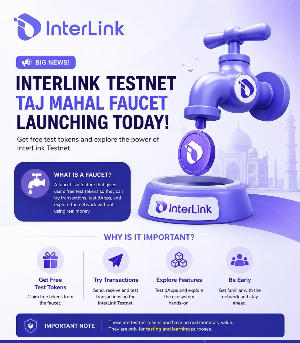 interlinklabspk's tweet photo. 🚀 InterLink Testnet Taj Mahal Faucet Launching is Live.

Big news for the community! The InterLink Testnet Faucet is going live 🔥

But what is a faucet? 🤔
A faucet is a feature that gives users free test tokens so they can explore and use the network without spending real money.

💡 Why is this important? • Get free test coins
• Try transactions on the network
• Explore InterLink features
• Be part of the ecosystem early

⚠️ Note:
These are testnet tokens — they are not real money, but they help you learn and interact with the blockchain.

This is your chance to experience InterLink hands-on and prepare for what’s coming next 💪

Stay active, stay early, and don’t miss out 🚀 #InterLink #Testnet #Crypto #Blockchain #Faucet #Web3