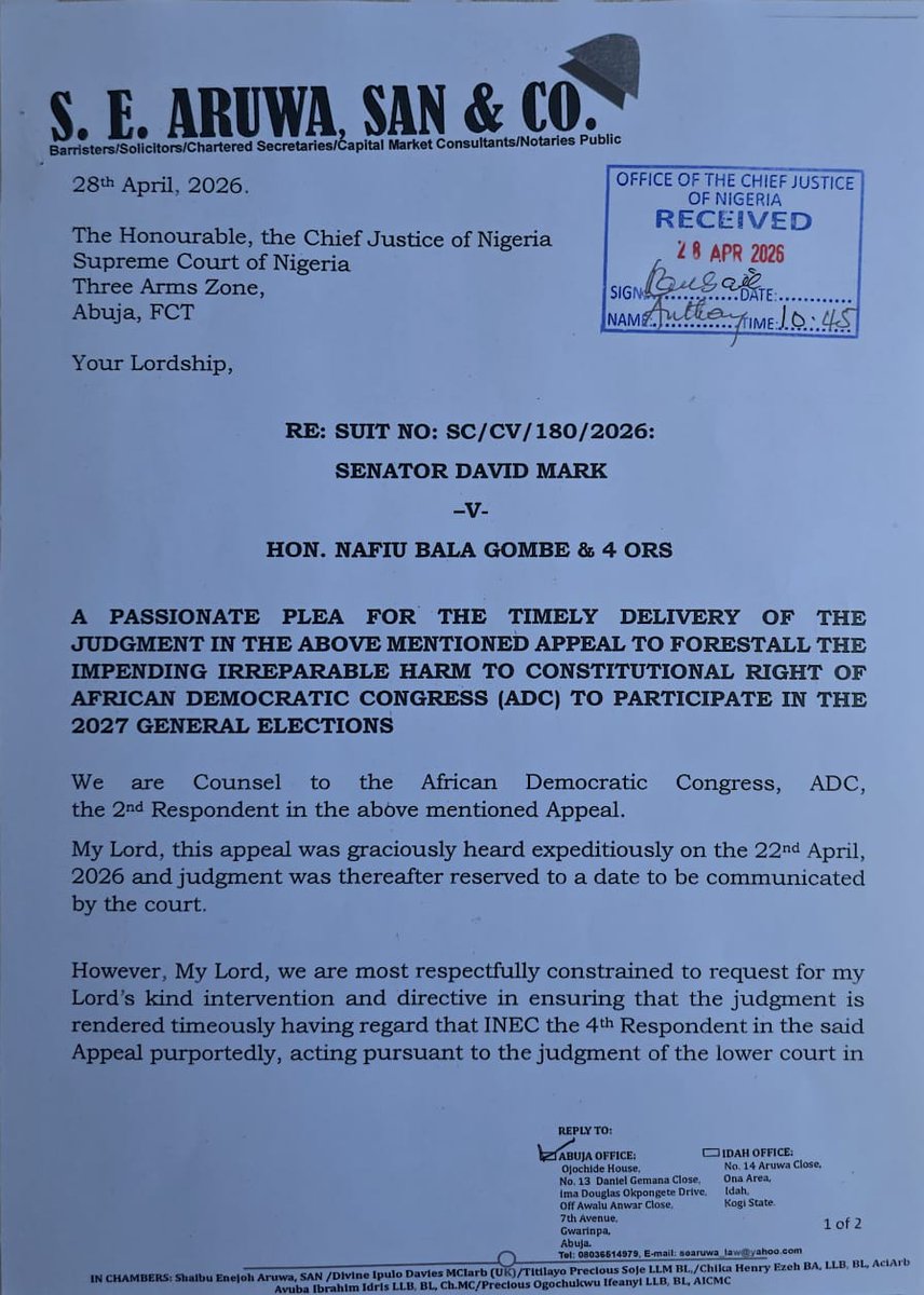 omonlakiki's tweet photo. What's delaying the Supreme Court judgement?

African Democratic Congress @ADCNig counsel writes Chief Justice of Nigeria on the urgency of the expected judgement in the case of David Mark vs Nafiu Bala. https://t.co/fRt4CXVLF8
