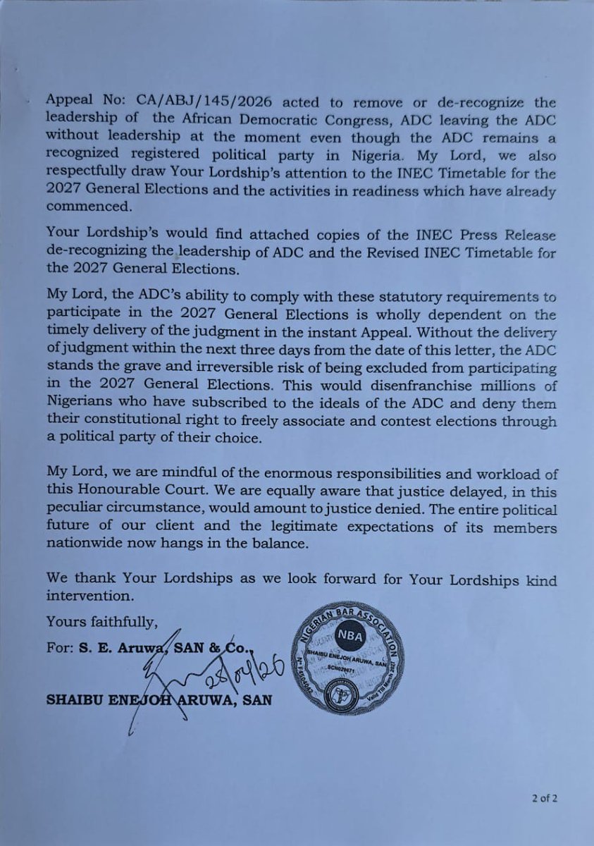 What's delaying the Supreme Court judgement?

African Democratic Congress <a href="/ADCNig/">African Democratic Congress</a> counsel writes Chief Justice of Nigeria on the urgency of the expected judgement in the case of David Mark vs Nafiu Bala.