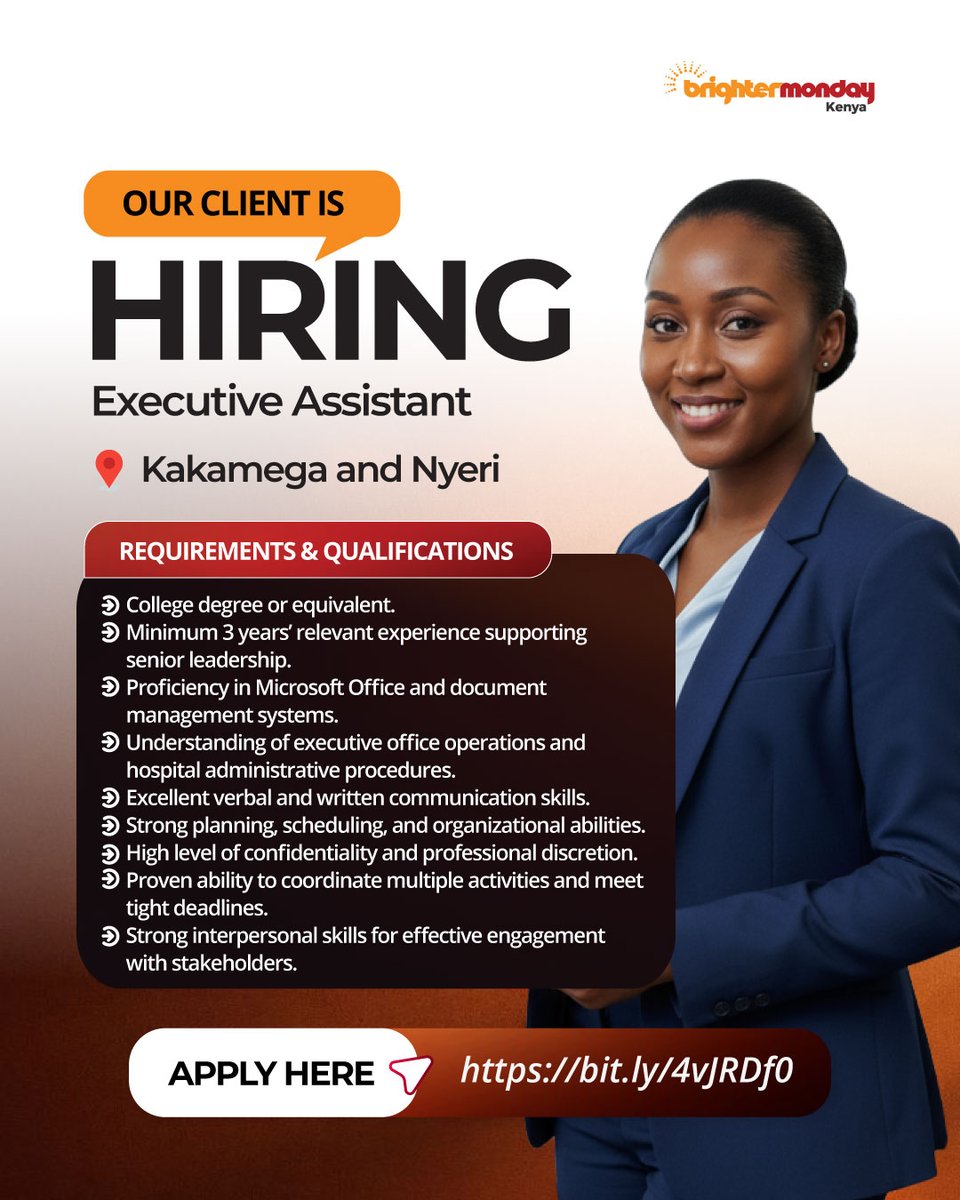 BrighterMonKE's tweet image. Opportunities are opening up 🌱
Executive Assistant 👉🏾 : bit.ly/49bwlND
Management Accountant 👉🏾 : bit.ly/3QKkZKc
Catering Services Supervisor 👉🏾 :bit.ly/4tDzA90
Assistant Quantity Surveyor👉🏾: bit.ly/4uavdlu

#IkoKaziKe #JobSearch #IkoKazi