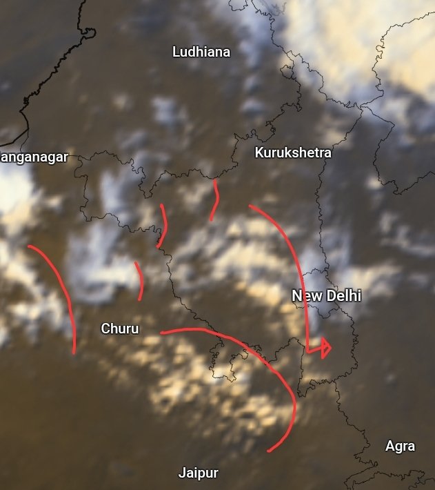navdeepdahiya55's tweet image. Delhi NCR Update: 
Initial formation of thunder clouds began west of NCR. 
In the next 2-3 hours, nearly 30-50% areas in #Delhi #Noida #Ghaziabad and up to 20-30% areas in #Gurgaon to experience passing spell of moderate rains and thundershowers along with gusty winds of