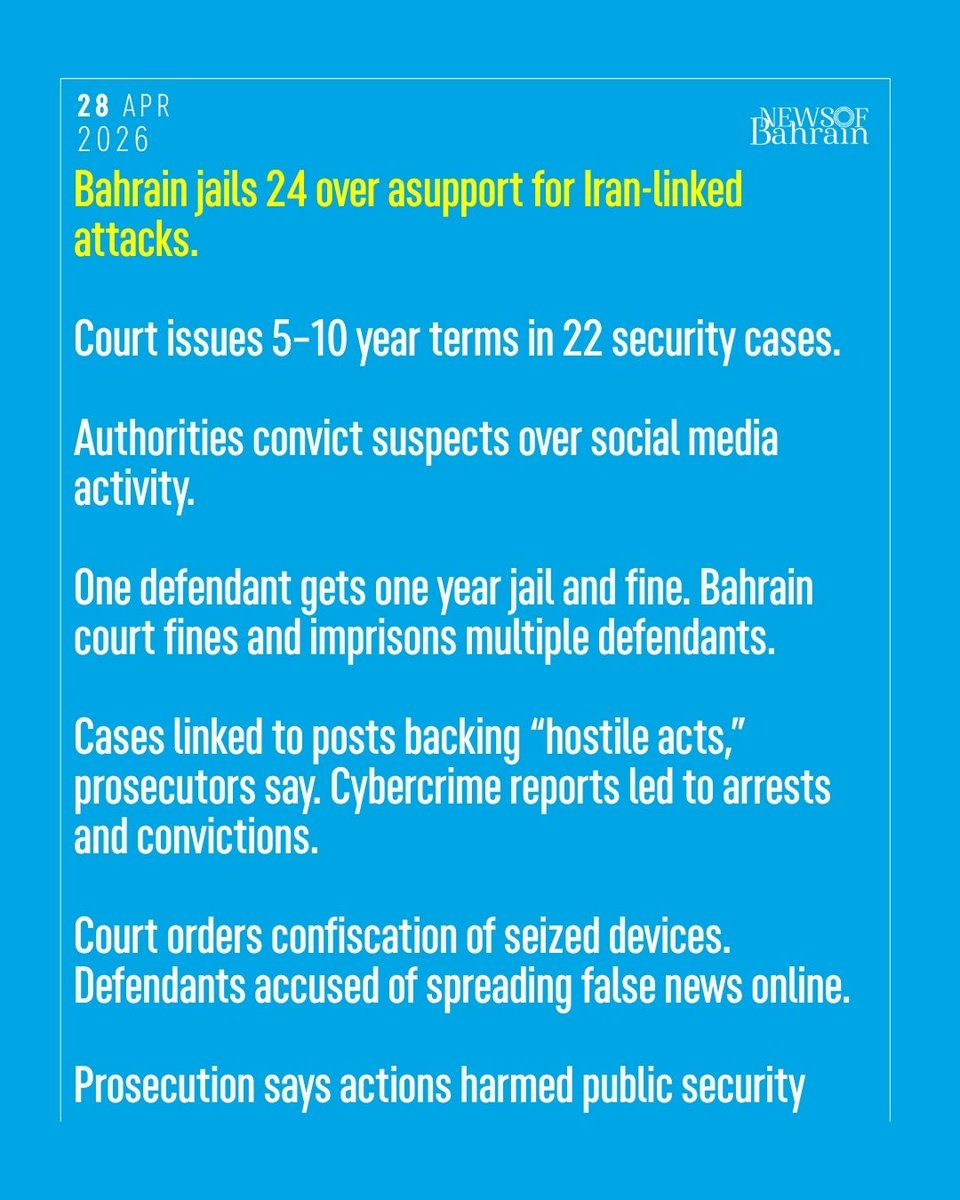 newsofbahrain's tweet image. High Criminal Court on Tuesday sentenced 24 defendants to prison terms ranging from five to ten years in 22 cases linked to support for what authorities described as Iranian terrorist attacks targeting the kingdom, a senior prosecutor said.
#NewsofBahrain #News #Bahrain