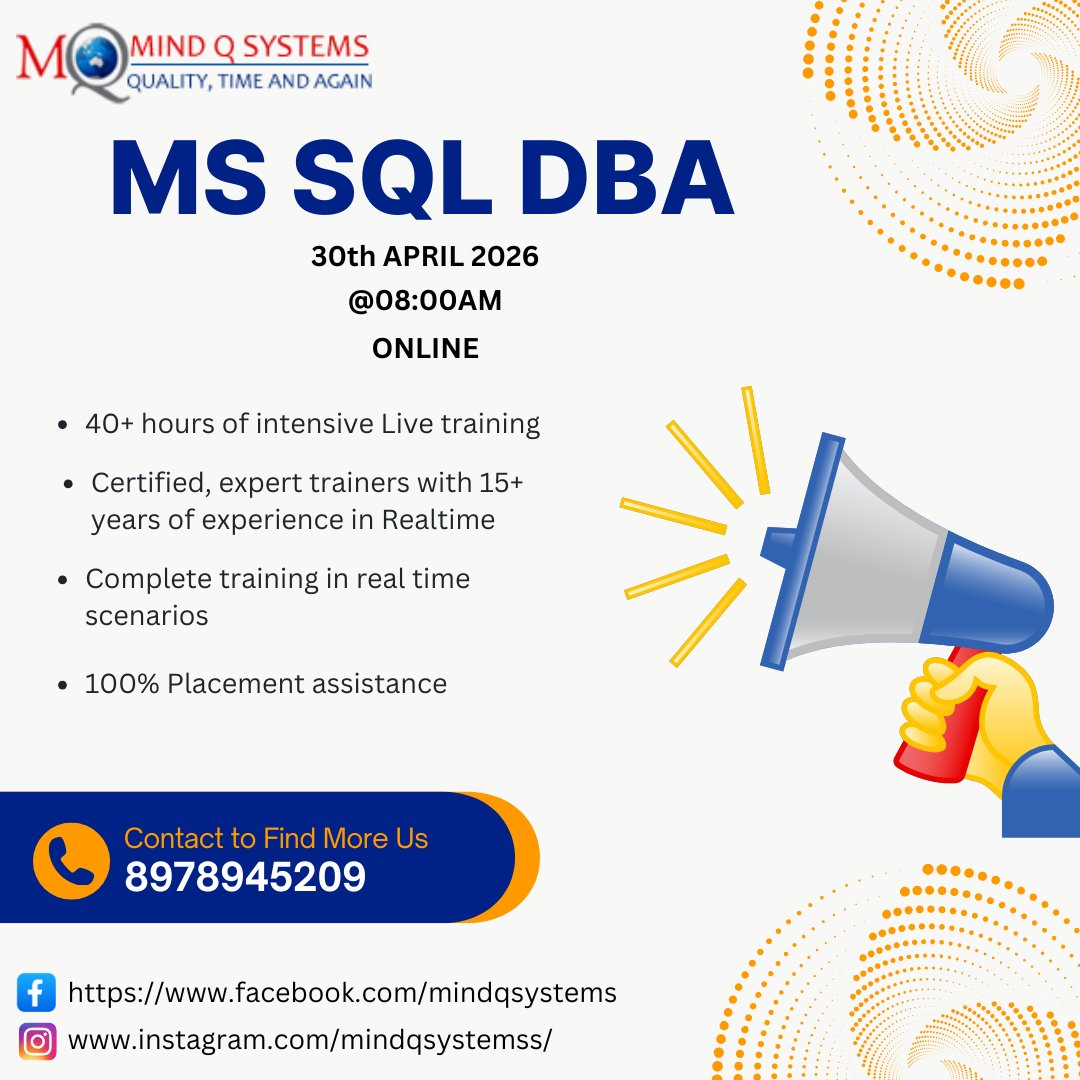 MindQSystems's tweet photo. MS SQL DBA Batch Starts on 30th APRIL 2026 @ 08:00AM.
more details: https://t.co/Ja7nGjTL6H
https://t.co/LGMtXO7EWY
More Details:
Contact Team on- +91-8978945209
https://t.co/LGMtXO7EWY https://t.co/g3j0ogRVcI