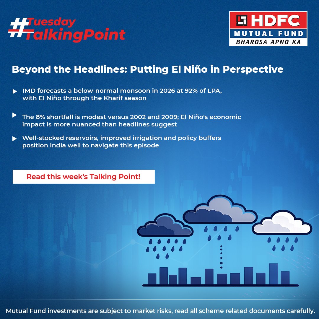 hdfcmf's tweet photo. IMD forecasts a below-normal monsoon in 2026 at 92% of LPA. History suggests El Niño's impact is not necessarily alarming. India's reservoirs, irrigation coverage and Services-led economy mean it could be well placed to navigate this episode. For more, read this week's Talking Point: https://t.co/XeGlSeqn8m