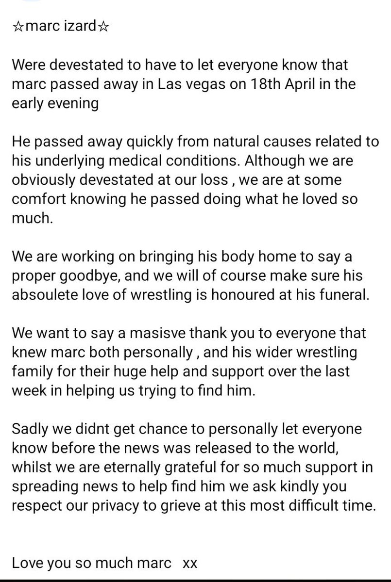 PerchedTopRope's tweet image. This statement is from Marc Izard sister on Facebook. 

Rest In Peace Marc Izard

#wrestlingcommunity