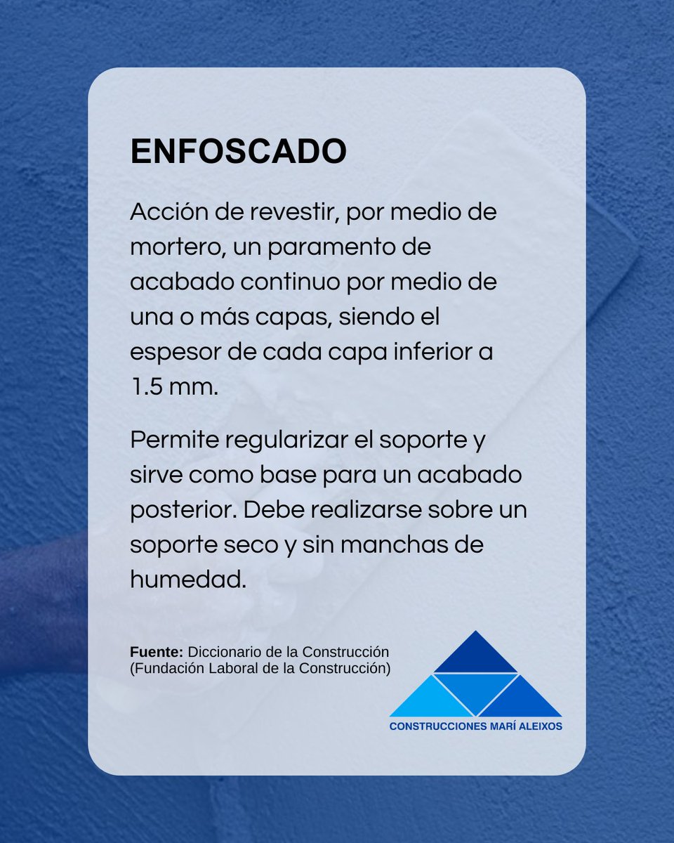 ConsMariAleixos's tweet photo. 📘 Enfoscado: Acción de revestir, por medio de mortero, un paramento de acabado continuo por medio de una o más capas. Permite regularizar el soporte y sirve como base para un acabado posterior (Diccionario de la Construcción FLC). #construciónvalenica

🔗 https://t.co/rJEPyziFl3 https://t.co/daCVkuFy8c
