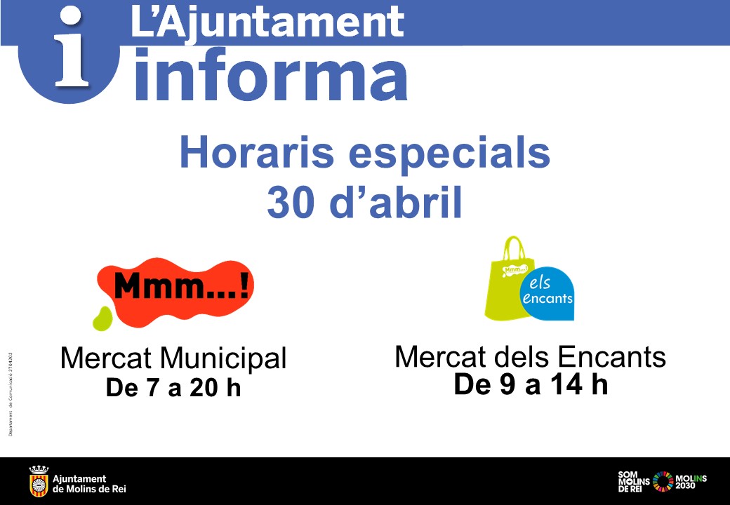 mdrcentrecomerc's tweet photo. 📢 HORARIS ESPECIALs! Aquest dijous 30 d’abril, els mercats municipals funcionaran amb aquests horaris:
 
🛒 Mercat Municipal
🕖 De 7 a 20 h
 
🛍️ Mercat dels Encants
🕘 De 9 a 14 h https://t.co/ykZ34s4PBq