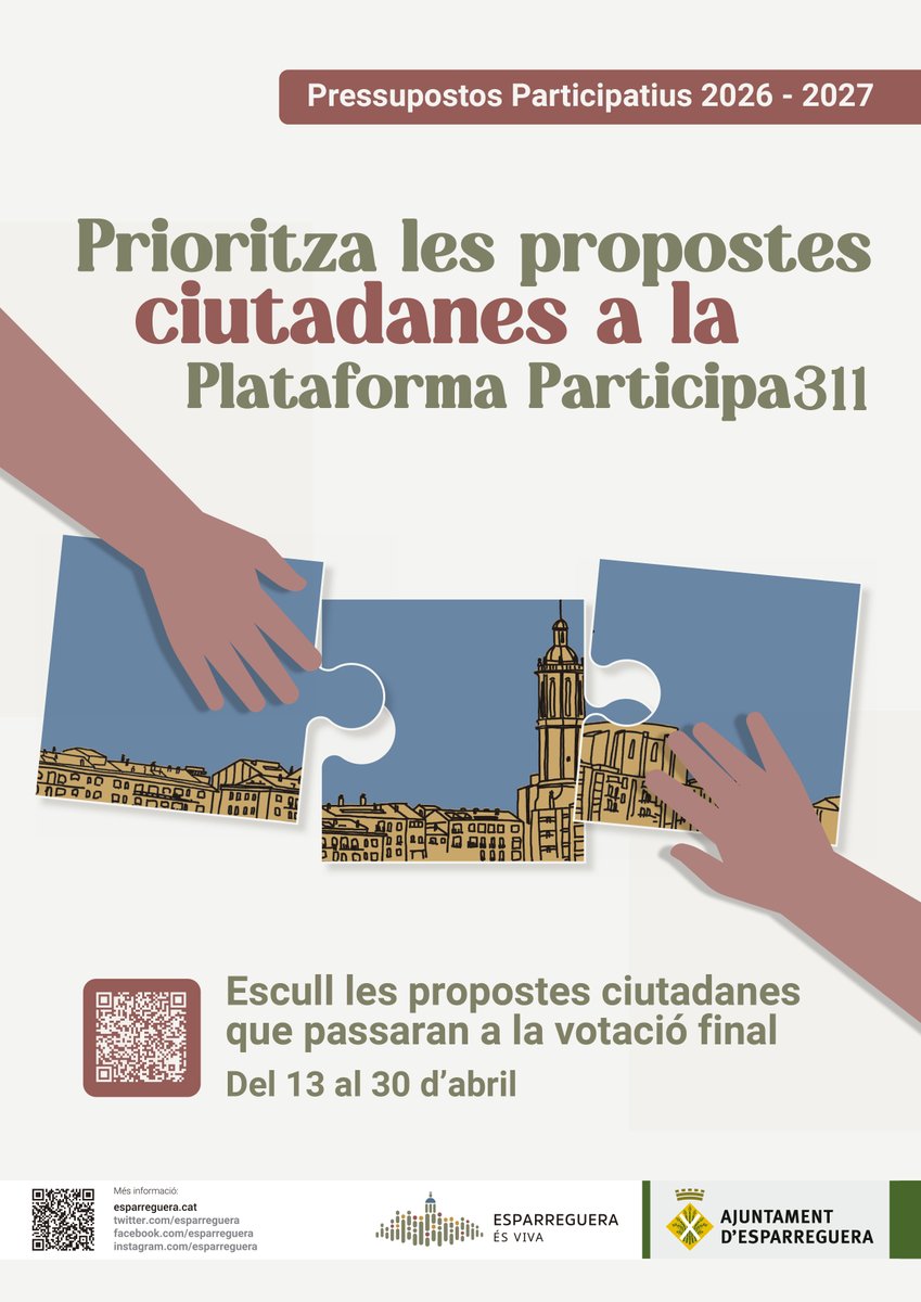 🙋‍♀️Quines propostes ciutadanes poden ajudar a millorar #Esparreguera?

📲 Dona suport a les idees que més t'agradin
➡️ Les 5 amb més suports passaran a la fase final per estudiar-ne la viabilitat

🗓️ Fins al 30 d'abril #PressupostosParticipatius

👉 bit.ly/40RQvYy