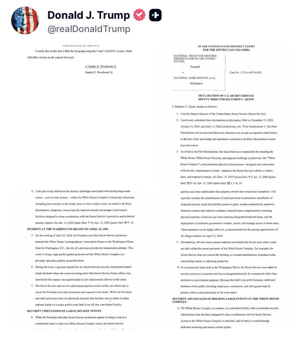 GuntherEagleman's tweet photo. 🚨 President Trump just dropped the receipts.

Official Secret Service declaration confirming exactly what we saw at the Washington Hilton shooting: the current setup has major security limitations for large events.

They can’t properly secure off-site venues like the Correspondents Dinner. The White House ballroom was designed precisely for this, top military and Secret Service input, yet it’s been blocked.

Trump is right: Build the damn ballroom.

Stop putting the President, Vice President, and Cabinet in vulnerable tents and hotels while radicals are out there foaming at the mouth.