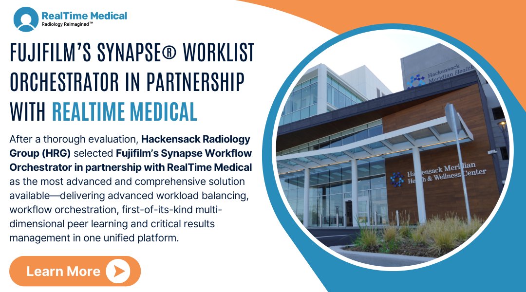RealTimeMedical's tweet photo. Hackensack Radiology Group selected Fujifilm’s Synapse® Worklist Orchestrator in partnership with RealTime Medical for its ability to unify workflows, balance workloads, and support advanced peer learning — all within a single, scalable platform.

https://t.co/0ZVOZMmZWo https://t.co/8nRIeSCZ5n