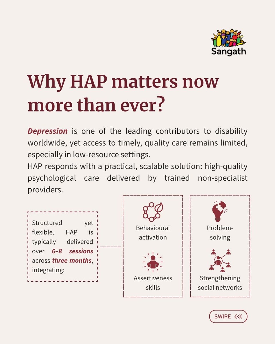 SangathIndia's tweet image. 📌And here’s what makes it #powerful - HAP can be delivered by trained #nonspecialists, making mental health care more #accessible, #affordable, and #scalable, especially where resources are limited.

#Staytuned as we unveil something exciting in the coming weeks!