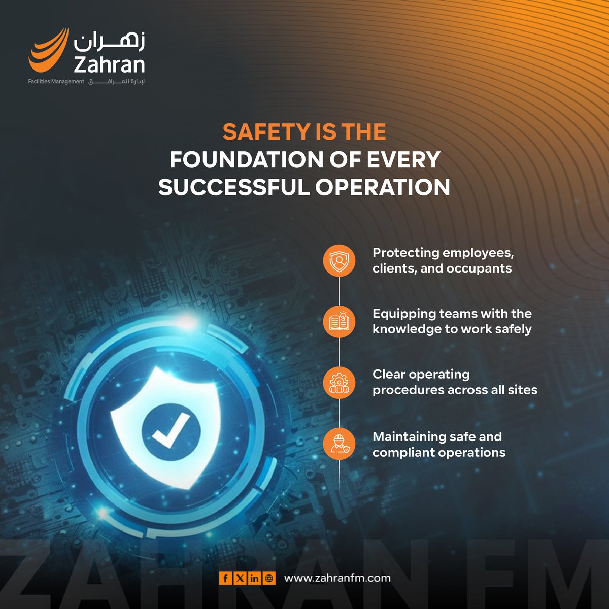 On #WorldDayForSafetyAndHealthAtWork, we recognize the importance of protecting the people who keep our client facilities operating safely and efficiently every day.
At #ZahranFM, safety is embedded in our culture - guiding how we plan, operate, and maintain facilities 
#SafeWork