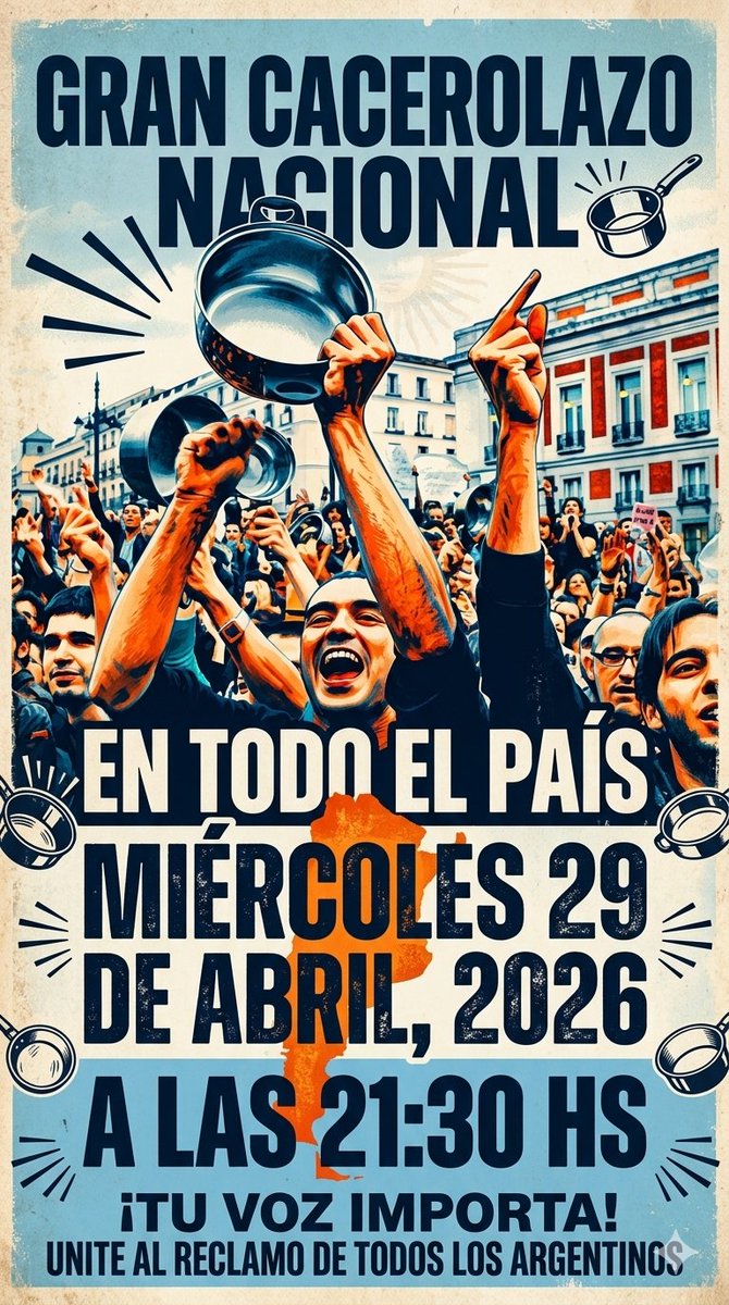 juronosoyrobot's tweet photo. Por qué no es TT #Cacerolazo29A? 21:30 en todo el país cacerolazo contra este gobierno antipueblo y antipatía que multiplica el hambre #MileiVergüenzaMundial #FueraMilei https://t.co/NQGNRYrhVr