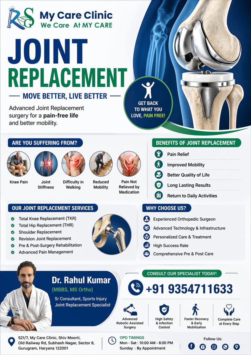 My_Care_Clinic's tweet image. 🦵✨ Say goodbye to joint pain and hello to a more active life!

At My Care Clinic, we specialize in advanced joint replacement procedures that help you move better, live better 💙

#JointReplacement #KneeReplacement #HipReplacement #OrthopedicCare #PainFreeLife #MobilityMatters