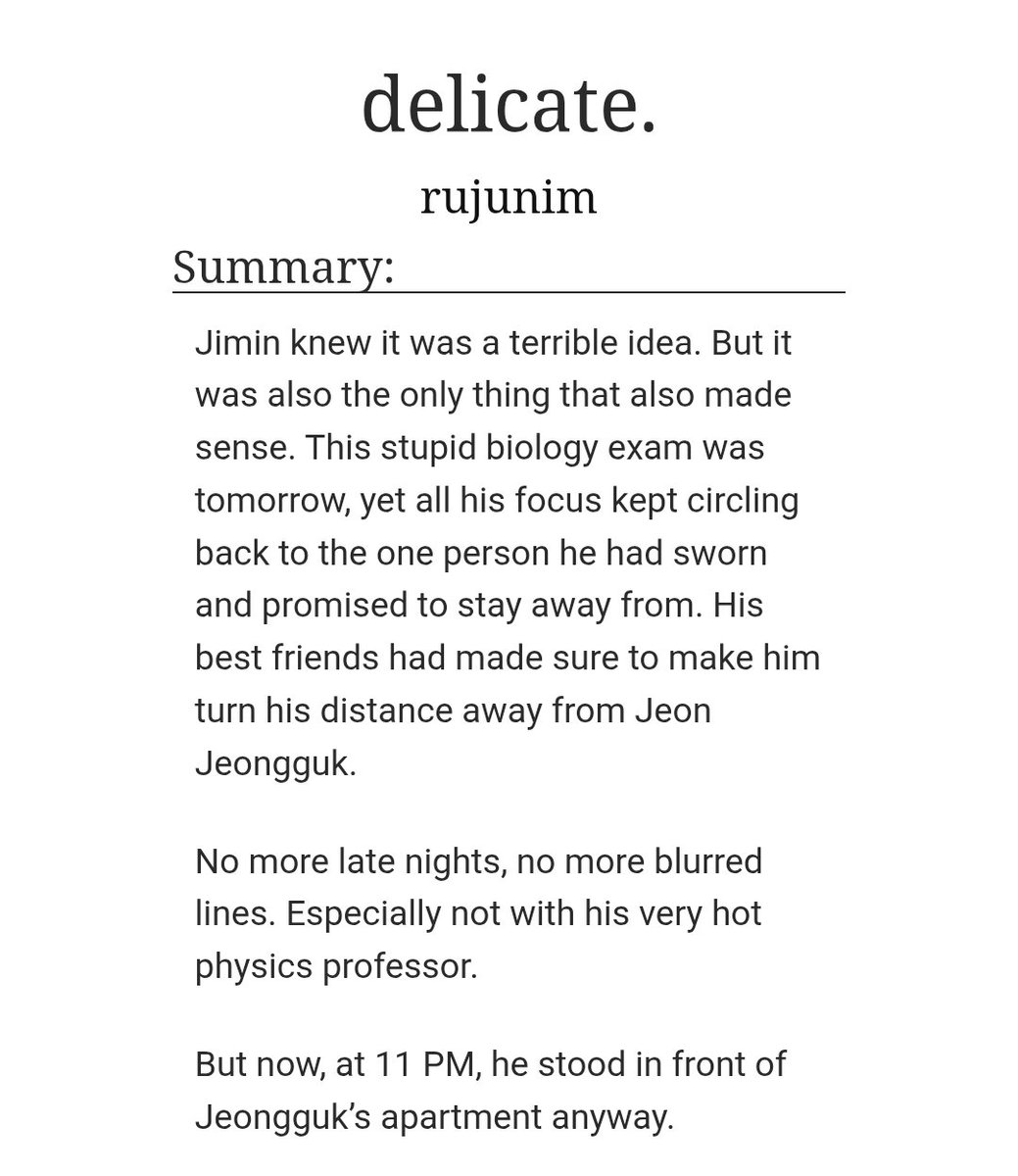 rujunim's tweet image. 𝒅𝒆𝒍𝒊𝒄𝒂𝒕𝒆.

— student!jm, professor!jk #JIKOOK
— one shot! 33.1k words
— 🔞, age-swap, fuck buddies
— fluff, crack, and everything in between.

💌 archiveofourown.org/works/83768811
