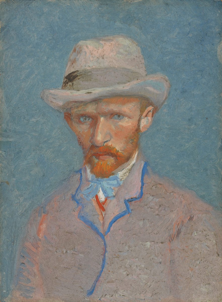 vangoghmuseum's tweet photo. Only a keen observer might notice: Van Gogh used an unusually muted palette for this self-portrait – soft shades of pastel grey-blue – and even altered the colour of his eyes to match! (2) Though his eyes were green in reality, here they appear grey-blue, blending seamlessly with the cool tones of the painting.

🖼️ ‘Self-Portrait’, 1887 © Van Gogh Museum