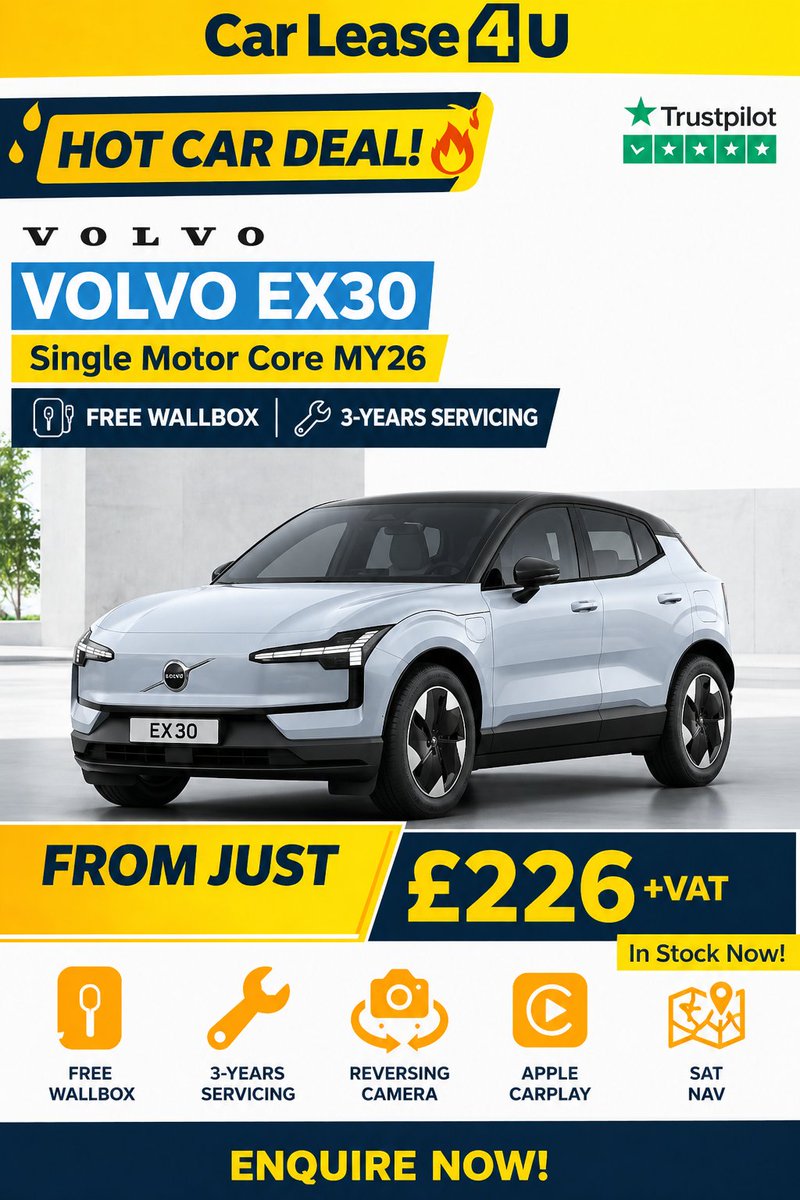 carlease4ucom's tweet image. ⚡ HOT DEAL – Volvo EX30 EV

From just £226 + VAT pm 💥
🎁 FREE wallbox + 3yrs servicing
✔️ CarPlay ✔️ Camera ✔️ Sat Nav

In stock now 🚗⚡

#VolvoEX30 #ElectricCar #LeaseDeals
carlease4u.com/car-listing/ca…