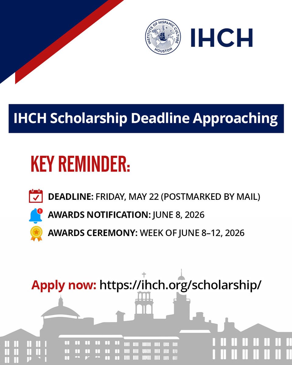 IHCHOUSTON's tweet photo. ⏰ FINAL COUNTDOWN: IHCH Scholarship Deadline
Apply by Friday, May 22 (postmarked).
✅ For students in Greater Houston
✅ Associate or undergraduate degree in Texas
✅ Minimum 3.0 GPA
🔗 Apply now: https://t.co/LTbCJeRef6
#Scholarship #Houston #Deadline #IHCH #TexasStudents https://t.co/MYdSHCk90Y