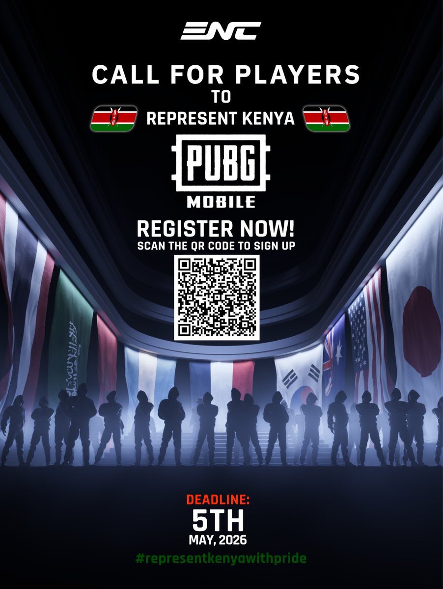 ShonOsimbo's tweet photo. Think you’ve got what it takes to fly the Kenyan 🇰🇪 flag at the Esports Nations Cup? 🎮⚡

Scan the code, sign up, and step into the arena across these titles:

🔥 PUBG: Mobile
🔥 PUBG Battlegrounds
🔥 Mobile Legends: Bang Bang
🔥 Rocket League
🔥 Dota 2
🔥 R6 Siege
🔥 Honor of Kings
🔥 League of Legends
🔥 Valorant

The journey to the final roster starts here, coaches will be watching and selecting the very best 🔥

#ENC2026 #ENC #esports #esportsKe #Kenya #EsportsNationsCup