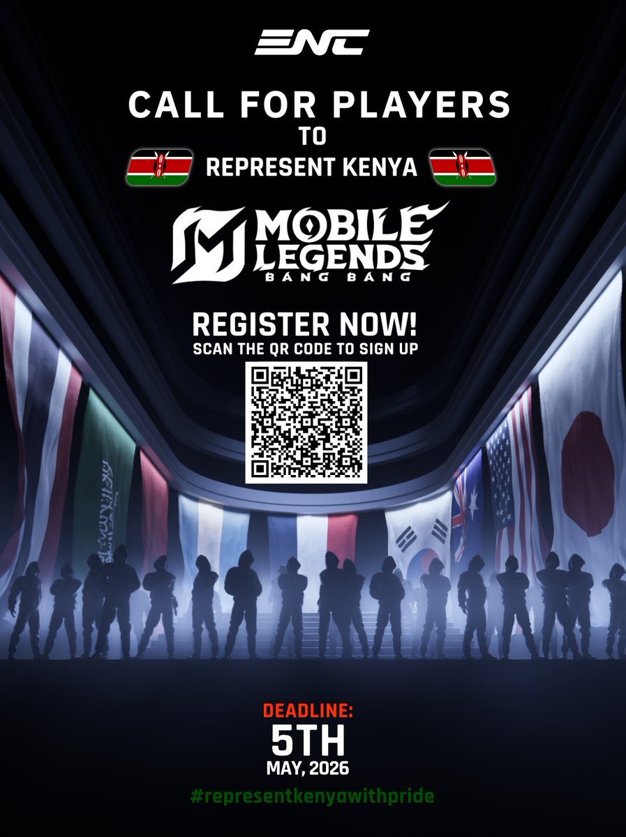 ShonOsimbo's tweet photo. Think you’ve got what it takes to fly the Kenyan 🇰🇪 flag at the Esports Nations Cup? 🎮⚡

Scan the code, sign up, and step into the arena across these titles:

🔥 PUBG: Mobile
🔥 PUBG Battlegrounds
🔥 Mobile Legends: Bang Bang
🔥 Rocket League
🔥 Dota 2
🔥 R6 Siege
🔥 Honor of Kings
🔥 League of Legends
🔥 Valorant

The journey to the final roster starts here, coaches will be watching and selecting the very best 🔥

#ENC2026 #ENC #esports #esportsKe #Kenya #EsportsNationsCup