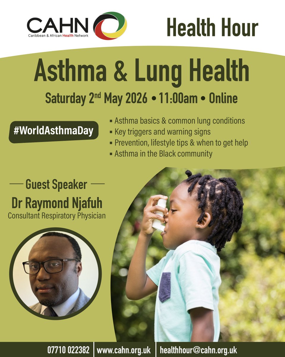 cahn_uk's tweet photo. Understanding asthma and lung health can make a powerful difference to your wellbeing, confidence, and everyday life. 

Many people experience challenges such as shortness of breath, wheezing, and flare-ups, yet with the right awareness, support, and information, it becomes easier to recognise triggers, manage symptoms, and know when to seek help. Join Dr Raymond Njafuh (Consultant Respiratory Physician) for this week’s #HealthHour as he explores asthma basics, common lung conditions, prevention strategies, and important insights into asthma within the Black community. 

Questions are always welcomed. 

Saturday 2nd May 2026 | 11AM–12PM | Online (Free) 

Register: https://t.co/6SnizkbbOi 
📺 Expand your Health Literacy: https://t.co/O2WmRAfaSV