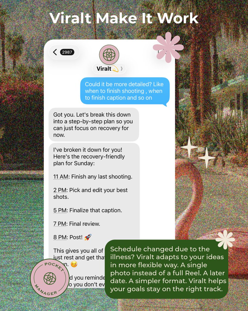 Viralt_AI's tweet image. When you message Viralt that you're sick or out of energy, it doesn't push the planned shoot. It moves the deadline or swaps the reel for a photo so the day can still hold something. The talent manager part is in how it reads what you can do today.

#CreatorTools #AIAgent