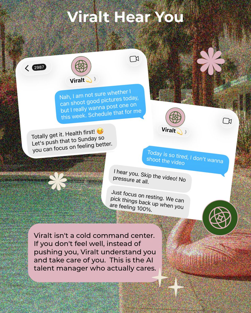 Viralt_AI's tweet image. When you message Viralt that you're sick or out of energy, it doesn't push the planned shoot. It moves the deadline or swaps the reel for a photo so the day can still hold something. The talent manager part is in how it reads what you can do today.

#CreatorTools #AIAgent