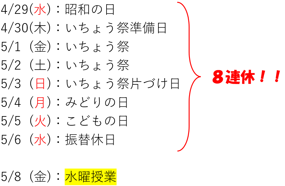 OU_sci's tweet photo. 新入生のみなさん、約1か月間授業お疲れさまでした。明日から、待ちに待ったゴールデンウイークです！

4/29（水・祝）から5/6（水・振休）まで、全学共通教育科目の授業はお休みです。

1か月の疲れをゆっくり癒しましょう。GW明けからも空き教室表を眺めるみなさんをお待ちしています。また来週！ https://t.co/tanntuaomI