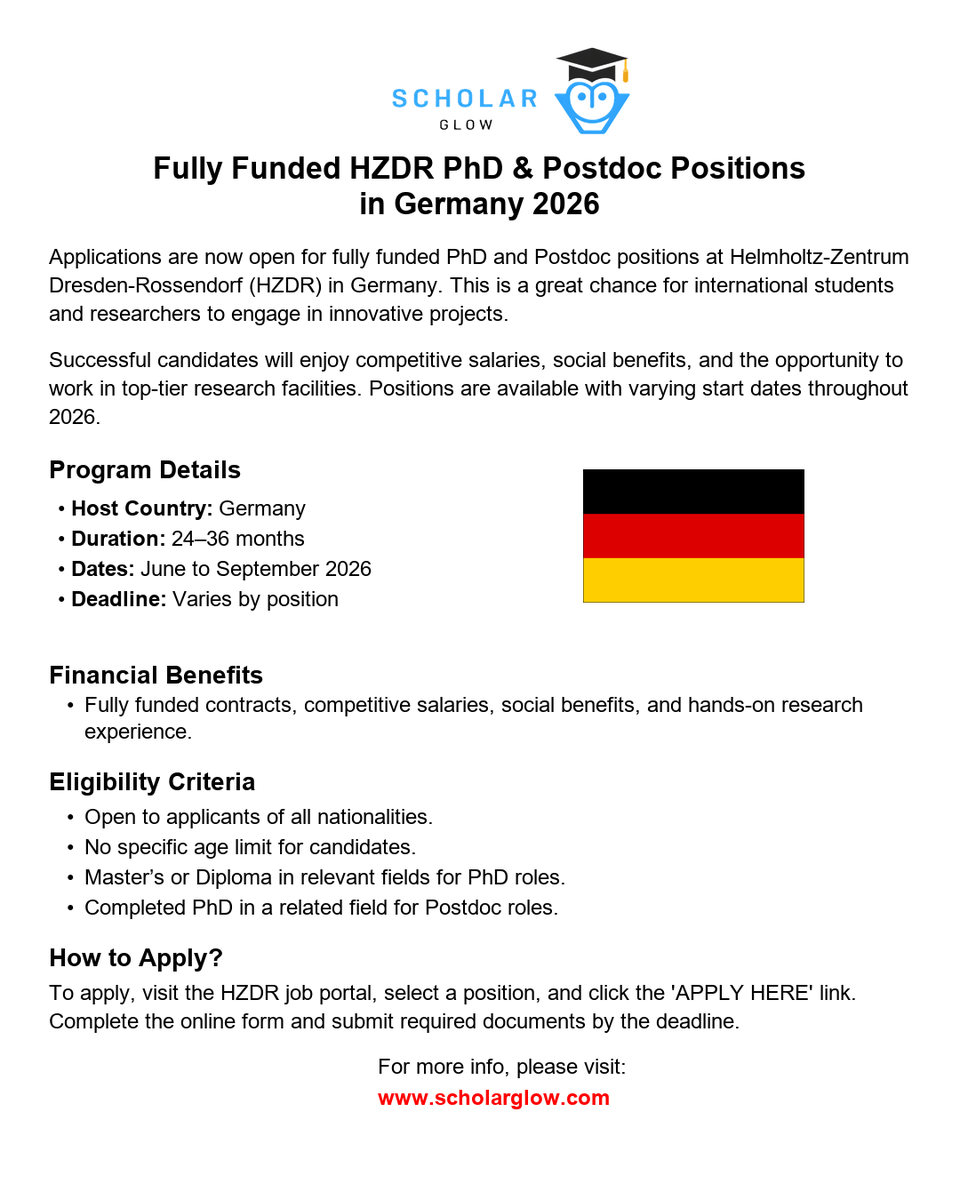 scholarglow's tweet image. 🇩🇪🚀 Fully Funded HZDR PhD &amp;amp; Postdoc Positions in Germany 2026

📅 Start dates vary from June to September 2026
⏳ Deadline: Varies by position (earliest: April 30, 2026)

More details:
scholarglow.com/fully-funded-h…

#PhD #Postdoc #ResearchOpportunities #FullyFunded #Germany #Scholar