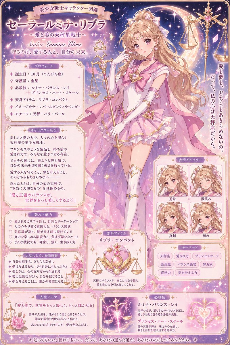 milmil_day's tweet photo. セーラームーン風の自分のキャラ図鑑をChatGPTに作ってもらったんだけど、性格まで反映してて必殺技も変身アイテムも詰め込んでくれたのあまりにも可愛すぎる！🥹🤍 https://t.co/RkEol2A1f9