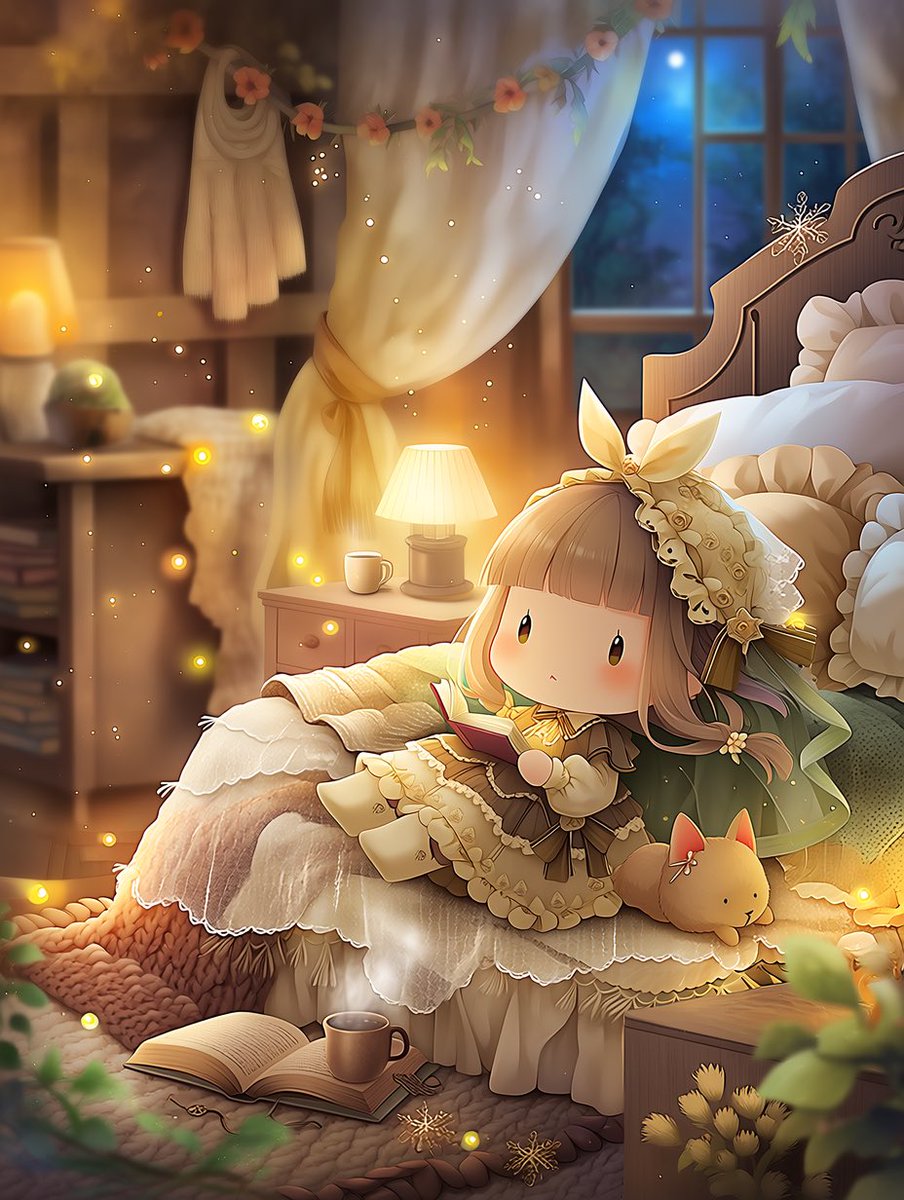 chiracyan's tweet image. 今日もお疲れ様です(꜆*ˊᵕˋ)꜆🍵
本を読みながら寝るのです(๑•̀ㅁ•́ฅ✨
またあしたね(o・・o)/~
(*˘︶˘*)ｵﾔｽﾐﾅｻｲ.｡.:*♡
 #AIイラスト  #AIart