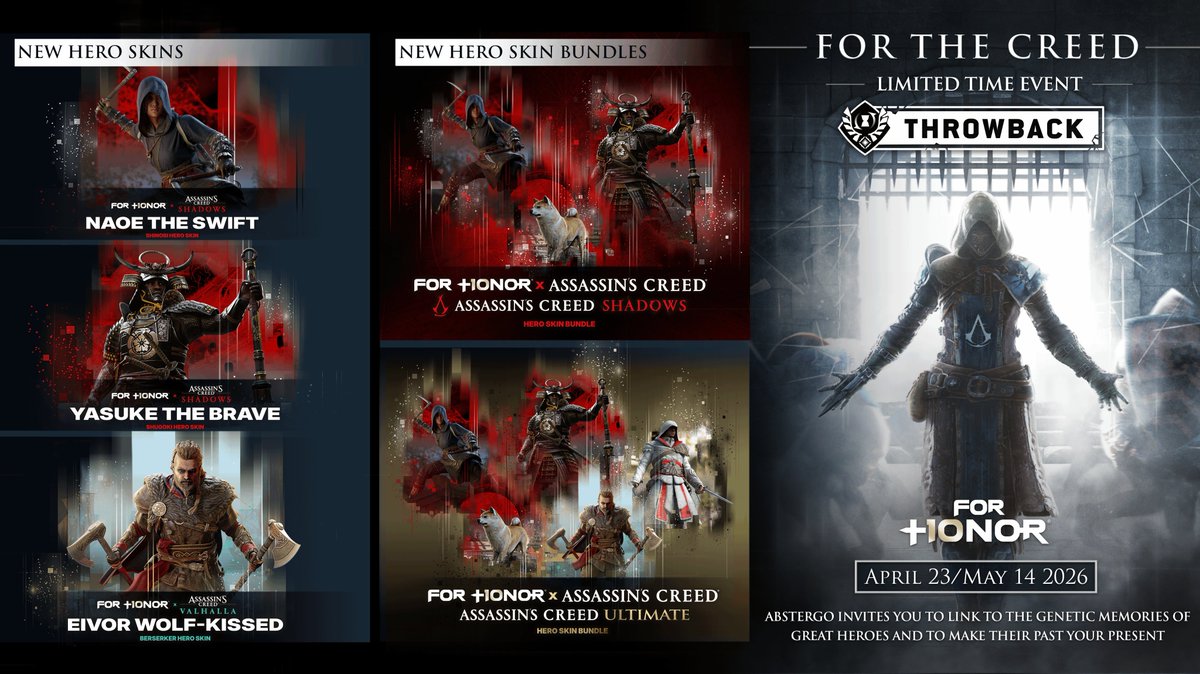 AC_TEMPLIER's tweet image. Voici les différents packs de l'événement "Assassin e Templari" d'Assassin's Creed sur For Honor du 23 Avril 2026 au 14 Mai 2026 avec de nouvelles récompenses et des skins de héros + un bonus hors événement.😉

#AssassinsCreed #AC #Ubisoft #ForHonor #ForTheCreed