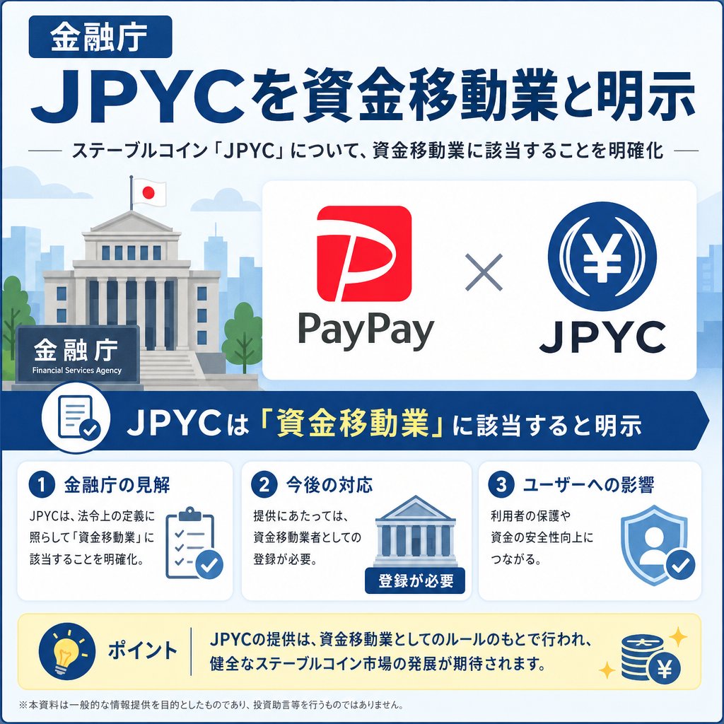 🇯🇵 金融庁がJPYCを「資金移動業」と公式明示

PayPayなどと同じカテゴリに。ステーブルコインJPYCの法的位置づけが明確に。

日本発のブロックチェーン決済インフラとして、規制の明確化は前向きな一歩。今後の展開に期待！

#JPYC #ステーブルコイン #金融庁 #仮想通貨