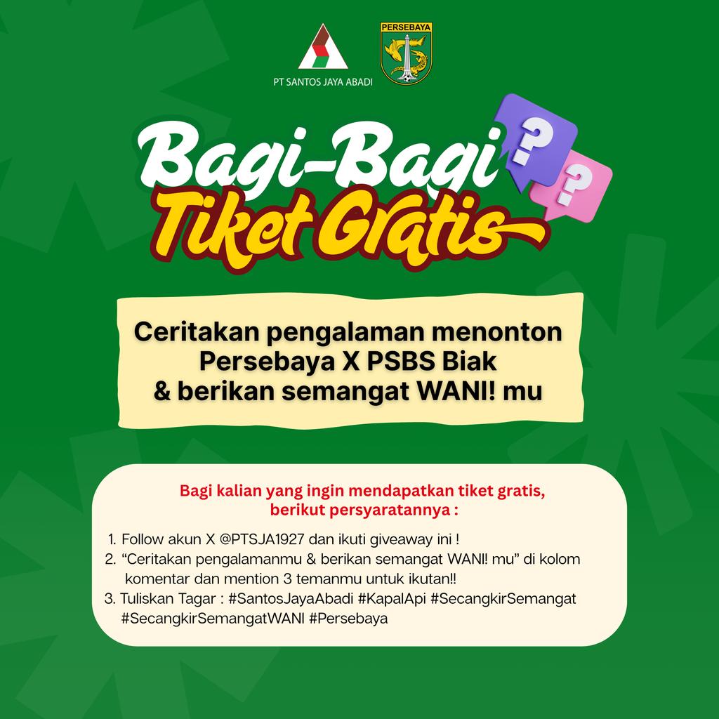 PTSJA1927's tweet photo. Yuk, "Ceritakan pengalamanmu dan berikan semangat WANI! mu", jangan lupa:
1. Tag / mention 3 teman kalian
2. Beri hashtag: #SantosJayaAbadi #KapalApi #SecangkirSemangat #SecangkirSemangatWANI #persebaya
3. Periode: 28-29 April 2026 https://t.co/k7snctw1LA