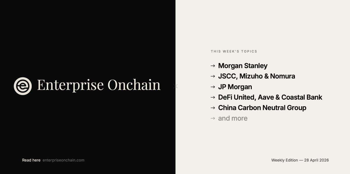 enteronchain's tweet photo. This week on Enterprise Onchain

→ Morgan Stanley launches a money market fund built for stablecoin reserves
→ JSCC, Mizuho and Nomura put JGB collateral onchain
→ JPMorgan says tokenization will reshape the funds industry, not just ETFs
→ DeFi United pledges reach 132,000 ETH after $292 M KelpDAO exploit
→ Coastal Bank routes cross-border payments through Tempo
→ Toss weighs L1, L2 and a native token amid Korea's Digital Asset Basic Act delay
→ China Carbon Neutral Group issues 500M tokenized carbon credits on Ethereum via DigiFT
→ Fluent launches Ethereum L2 mainnet with $50 M day-one liquidity and BLEND token

Read here 👇

https://t.co/bvcArgO1er
