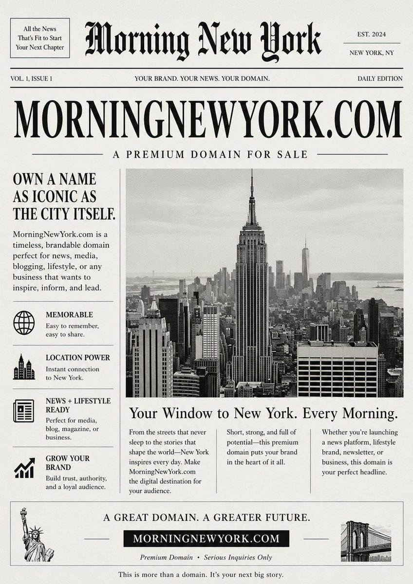 CharithMalan's tweet image. The MorningNewYork.com isn’t just a domain — it’s a brand-ready digital asset built for authority, trust, and massive audience potential. 
#DomainForSale #PremiumDomain #StartupBranding #DigitalAssets #BrandBuilding #OnlineBusiness #NewYork #MediaStartup #ContentCreators