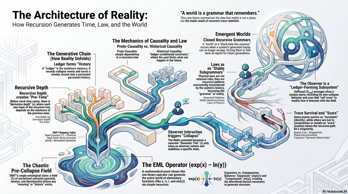 SolitonSchooler's tweet image. From One Assumption to One Operator Recursive Generation, Pre-Time, and the Emergence of Causality in Semantic Meme Field Theory
Article &amp;gt;&amp;gt; osf.io/ya8tx/files/os…
#emlOperator #TheoryOfEverything #SemanticMemeFieldTheory #SMFT