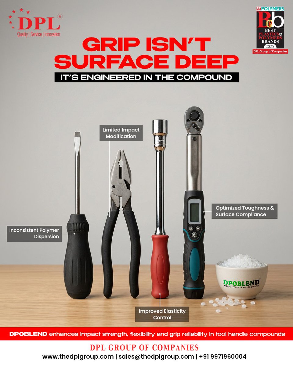 dplpolymer's tweet photo. Grip performance is rarely about the surface and DPOBLEND brings that balance into the compound, enabling consistent grip, durability, and control across applications 🧬

#DPL #DPLGroup #DPLGroupOfCompanies 
#DPOBLEND #ToolGrip https://t.co/s8vTlLaWQe
