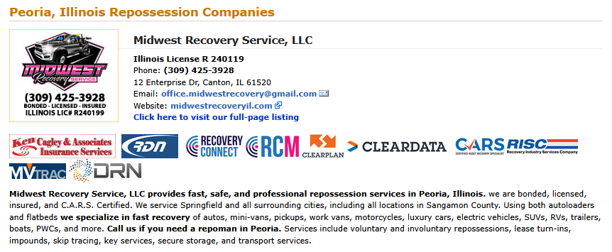 autorepo's tweet photo. Repo Spotlight:*MIDWEST RECOVERY SERVICE (309) 425-3928  License R 240119* Illinois Repossession Agency covering  Peoria, Canton, and more in Central Illinois for Lenders doing Vehicle Repossessions Advertise on  the Repo Directory like Midwest Recovery Service does! https://t.co/haRevmCEJP