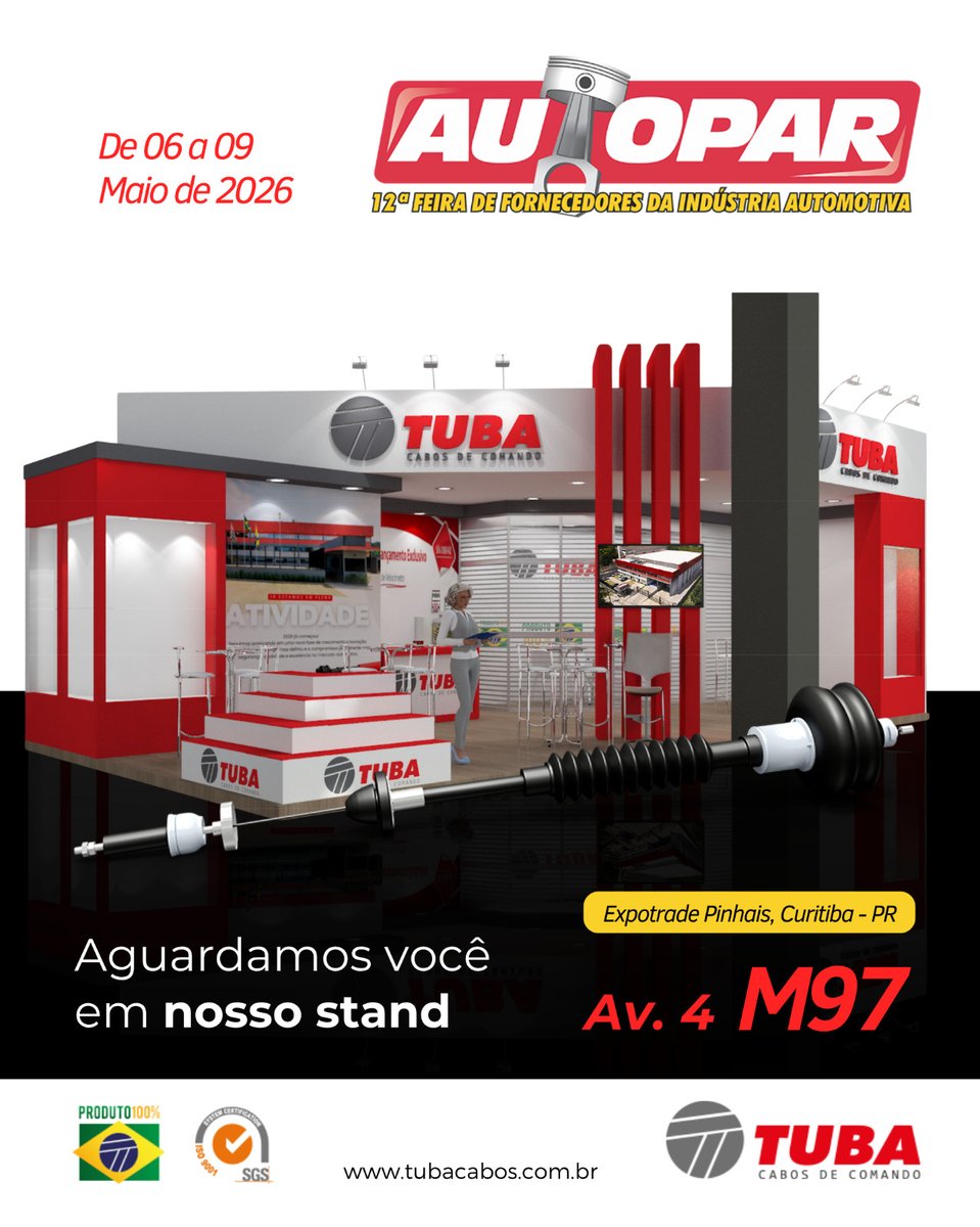TubaCabos's tweet photo. A AUTOPAR 2026 está chegando e a Tuba Cabos preparou um espaço pensado para você.

De 6 a 9 de maio, estaremos prontos:

📍 Expotrade Pinhais | Curitiba - PR
📍 Avenida 4 | Stand M97

Será um prazer receber você por lá.

#TubaCabos #Autopar2026 #AftermarketAutomotivo https://t.co/fc5YzACUBh
