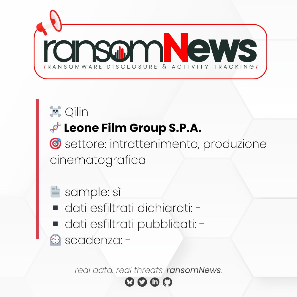 ransomnews's tweet image. 🚨 nuova rivendicazione #ransomware Italia 🚨 

🏴‍☠️ gruppo #Qilin
🧬 Leone Film Group S.P.A. (Lotus Production S.R.L.) | Roma
🎯 settore: intrattenimento, produzione cinematografica
🔗 leonefilmgroup.com
🗓️ 27 aprile 2026

📄 sample: sì
▪️ dati esfiltrati dichiarati: -
▪️