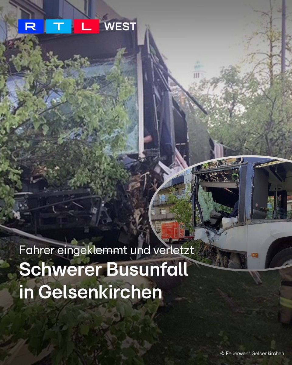 RTLWEST's tweet photo. In #Gelsenkirchen gab es am Dienstagmorgen (28.04.) einen schweren #Unfall mit einem #Linienbus. Laut #Feuerwehr hatte der Bus auf einer Straße im Stadtteil #Buer mehrere Bäume gestreift und teilweise entwurzelt. Dann kam er auf einer Mittelinsel zum Stehen. Der Fahrer wurde eigeklemmt und musste befreit werden. Er kam schwer verletzt ins Krankenhaus. Auch vier Fahrgäste kamen in eine Klinik. Die Unfallursache ist noch unklar. Die #Polizei ermittelt.