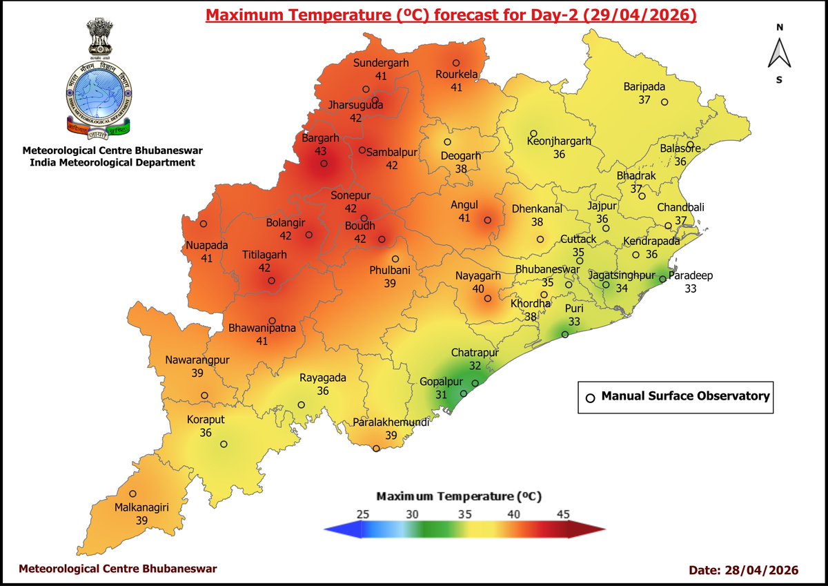 mcbbsr's tweet image. Maximum Temperature Forecast for next 5 days
#Odisha #hot #temperature