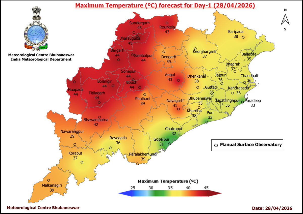 mcbbsr's tweet image. Maximum Temperature Forecast for next 5 days
#Odisha #hot #temperature