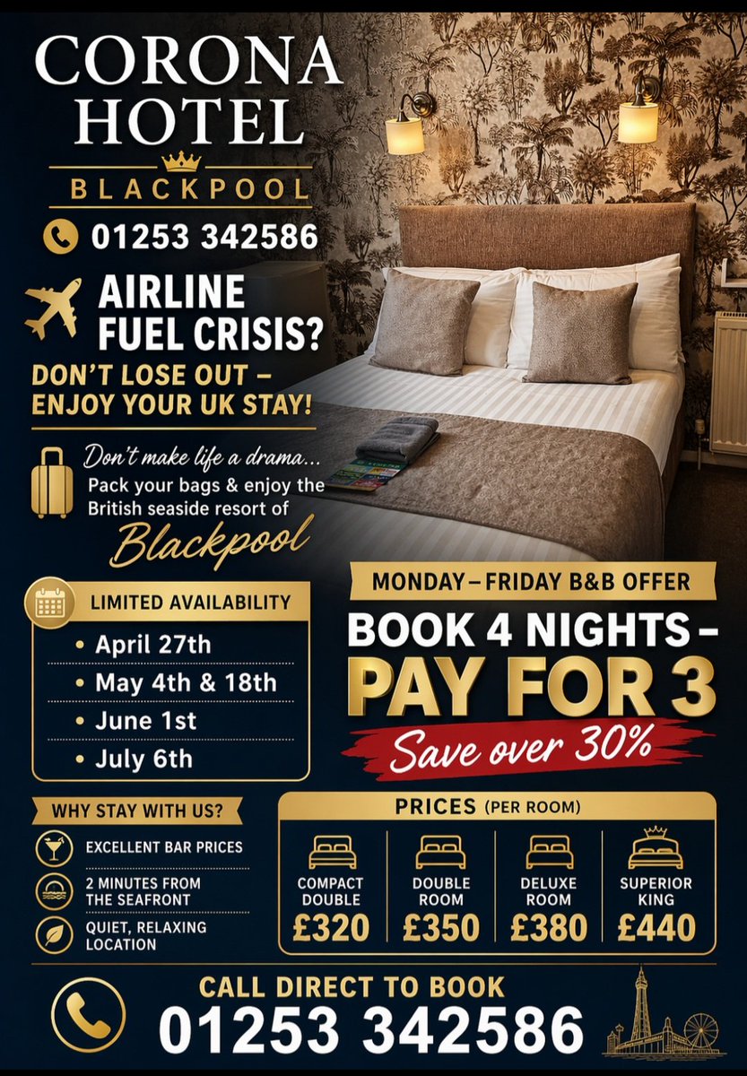 Look at this amazing deal.
Staying in Blackpools Corona hotel.
South Beach
By the pleasure beach 
2 minutes walk to the tram stop
2 minutes walk to the beach 
Parking available free of charge
Award winning breakfast 
4 star guests accommodation 
Outstanding reviews
Call now