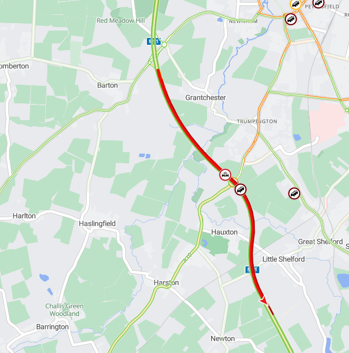 Cambs_Traffic's tweet image. ⚠️ #M11 SB between J12 #Barton and J10 #Duxford.
Delays currently around 9 miles due to an RTC. 
Please plan your journey.